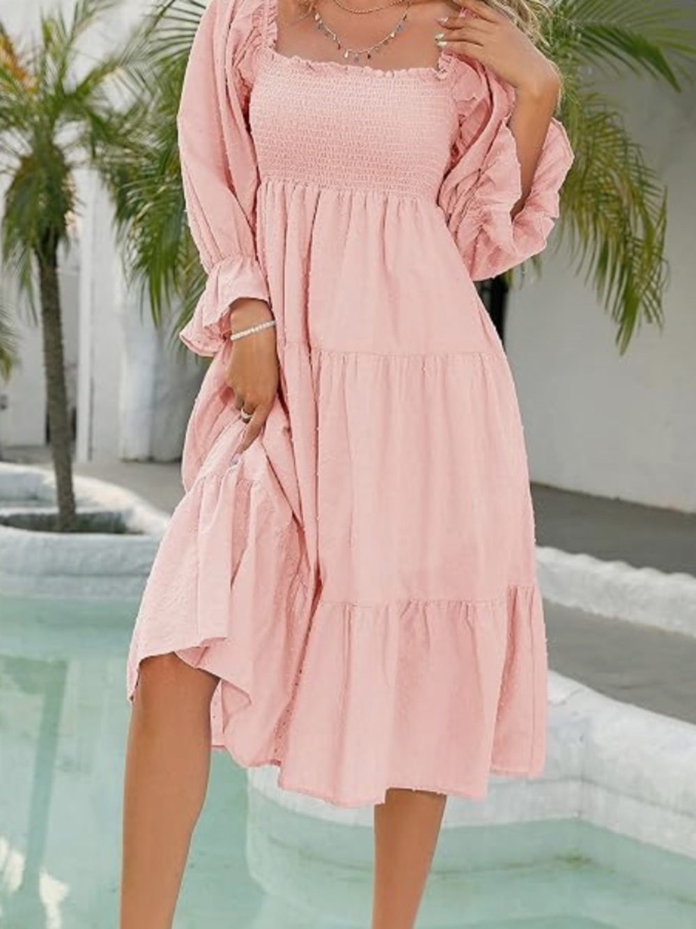 R.Vivimos Pink Cotton Puff Sleeve Bow Back Midi Dress Size Large
